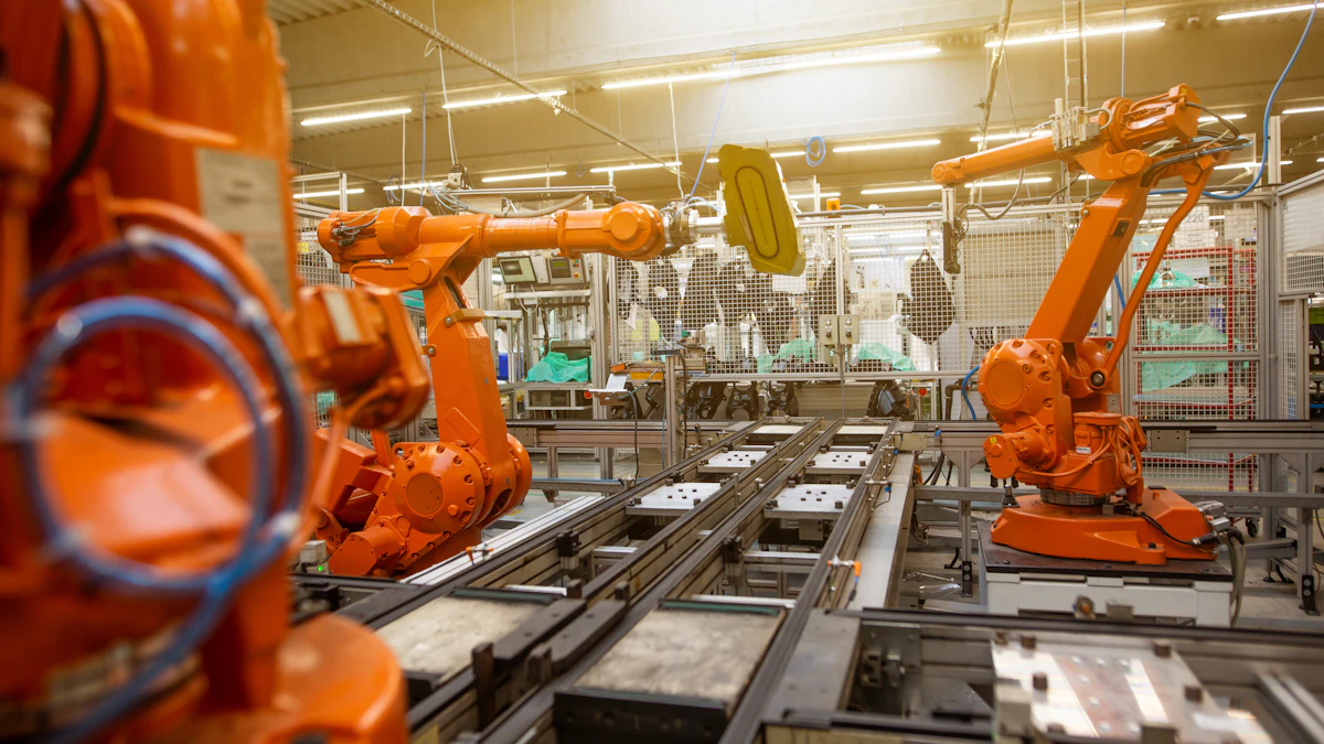 Orange industrial robots working along a factory assembly line.